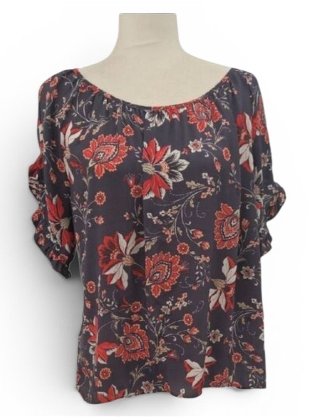 LoFT Beautiful Floral Blouse - Charcoal and Scarlet Flowy Comfy Boho L
